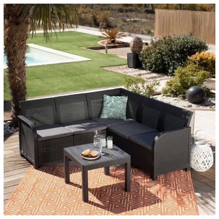 Salon de jardin - résine aspect rotin tressé- Allibert by KETER - 5 personnes - SanRemo - Gris graphite