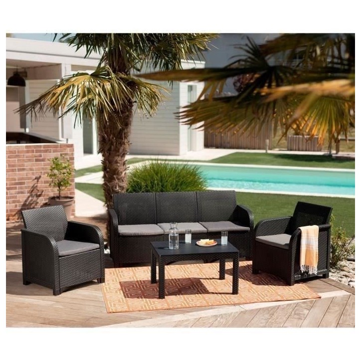 Salon de jardin - en résine imitation rotin tressé - Allibert by KETER - 5 personnes - SanRemo - Gris graphite