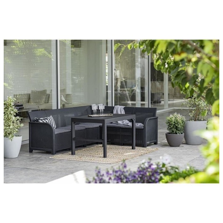 Salon de jardin avec table basse 2 en 1 - en résine - Allibert by KETER - 6 personnes - SanRemo - Gris graphite Salon de jardin avec table basse 2 en 1 - en résine - Allibert by KETER - 6 personnes - SanRemo - Gris graphite