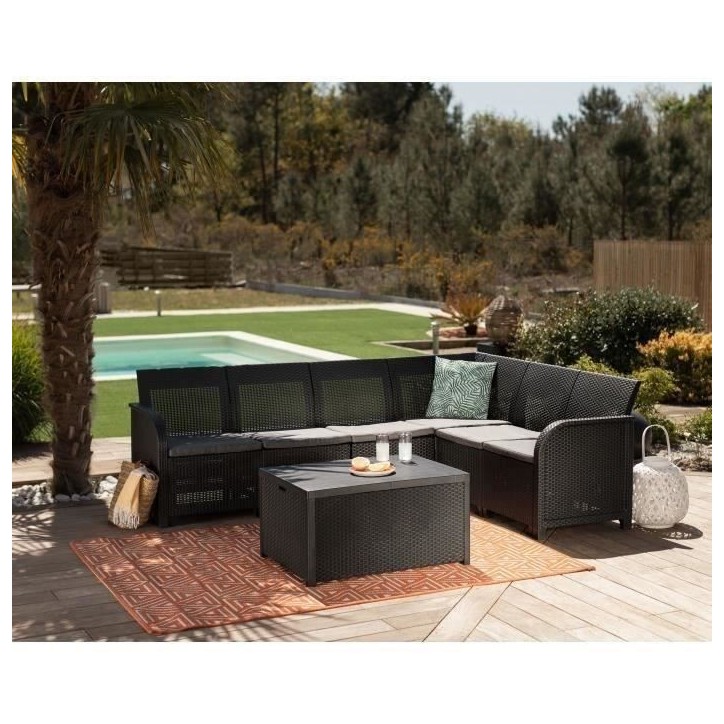 Salon de jardin en imitation résine tressée ALLIBERT avec table basse range-coussins - 6 personnes - SanRemo - Gris graphite Salon de jardin en imitation résine tressée ALLIBERT avec table basse range-coussins - 6 personnes - SanRemo - Gris graphite