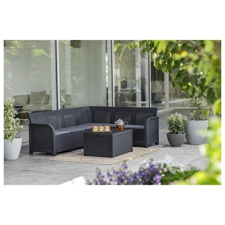 Salon de jardin en imitation résine tressée ALLIBERT avec table basse range-coussins - 6 personnes - SanRemo - Gris graphite Salon de jardin en imitation résine tressée ALLIBERT avec table basse range-coussins - 6 personnes - SanRemo - Gris graphite