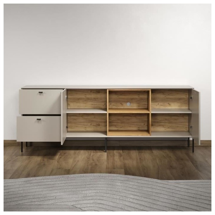 Meuble TV SAO PAULO - Cachemire / Chene blond - 2 portes, 2 niches, 2 tiroirs - 110 x 68 x 45 cm - TRENDTEAM Meuble TV SAO PAULO - Cachemire / Chene blond - 2 portes, 2 niches, 2 tiroirs - 110 x 68 x 45 cm - TRENDTEAM