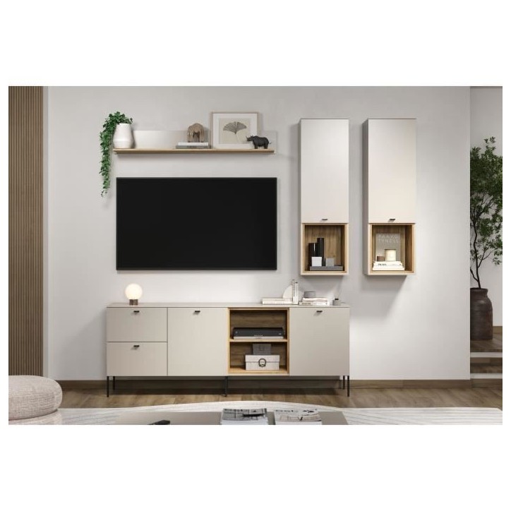 Meuble TV SAO PAULO - Cachemire / Chene blond - 2 portes, 2 niches, 2 tiroirs - 110 x 68 x 45 cm - TRENDTEAM Meuble TV SAO PAULO - Cachemire / Chene blond - 2 portes, 2 niches, 2 tiroirs - 110 x 68 x 45 cm - TRENDTEAM