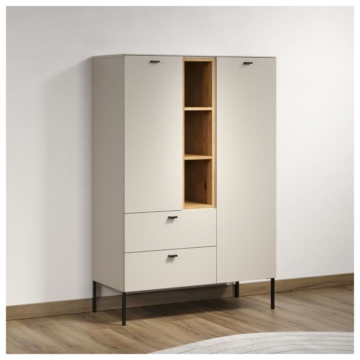 Buffet haut - SAO PAULO - Cachemire / Chene blond - 2 portes, 3 niches, 2 tiroirs - 93 x 42 x 140 cm - TRENDTEAM