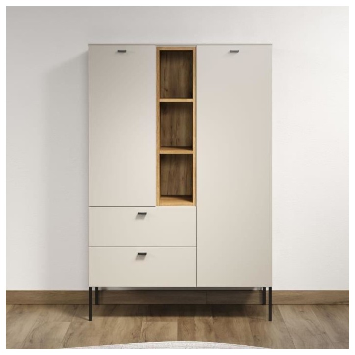 Buffet haut - SAO PAULO - Cachemire / Chene blond - 2 portes, 3 niches, 2 tiroirs - 93 x 42 x 140 cm - TRENDTEAM