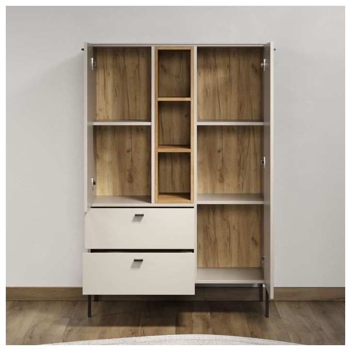Buffet haut - SAO PAULO - Cachemire / Chene blond - 2 portes, 3 niches, 2 tiroirs - 93 x 42 x 140 cm - TRENDTEAM