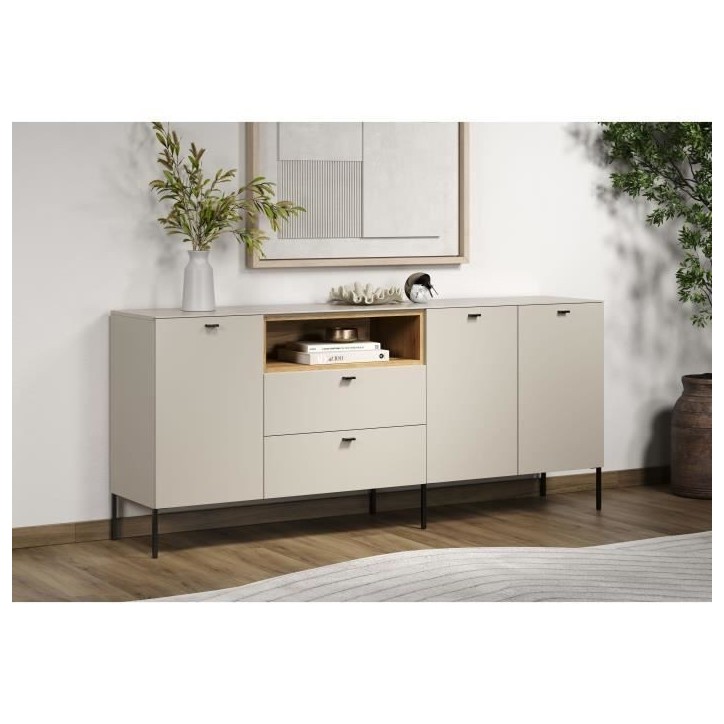 Buffet - SAO PAULO - Cachemire / Chene blond - 3 portes, 1 niche, 2 tiroirs - 197 x 42 x 85 cm - TRENDTEAM