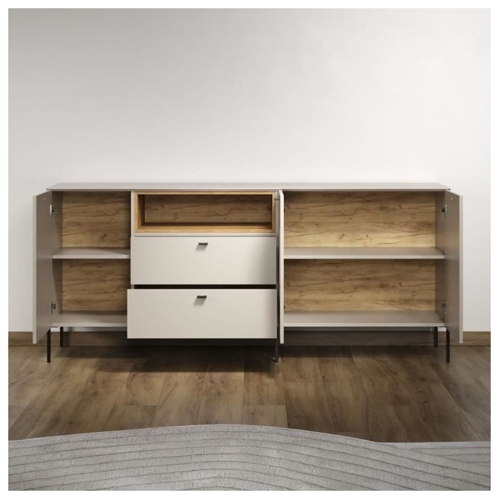 Buffet - SAO PAULO - Cachemire / Chene blond - 3 portes, 1 niche, 2 tiroirs - 197 x 42 x 85 cm - TRENDTEAM