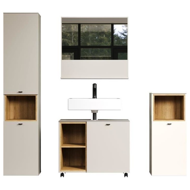 Salle de bain complete - Coloris Cachemire - L180 x H186 x P42 cm - Colonne + Miroir + Meuble sous vasque + rangement bas- SAO P Salle de bain complete - Coloris Cachemire - L180 x H186 x P42 cm - Colonne + Miroir + Meuble sous vasque + rangement bas- SAO P