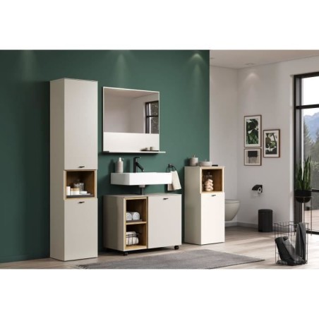 Salle de bain complete - Coloris Cachemire - L180 x H186 x P42 cm - Colonne + Miroir + Meuble sous vasque + rangement bas- SAO P