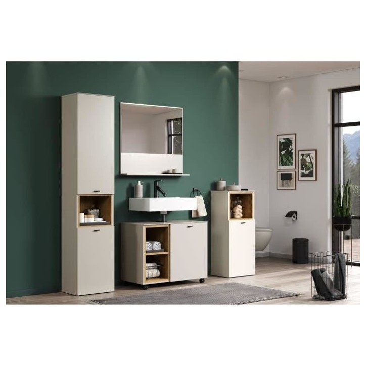 Salle de bain complete - Coloris Cachemire - L180 x H186 x P42 cm - Colonne + Miroir + Meuble sous vasque + rangement bas- SAO P Salle de bain complete - Coloris Cachemire - L180 x H186 x P42 cm - Colonne + Miroir + Meuble sous vasque + rangement bas- SAO P