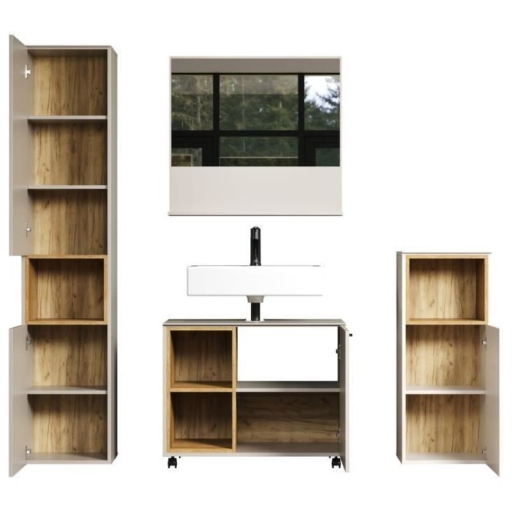 Salle de bain complete - Coloris Cachemire - L180 x H186 x P42 cm - Colonne + Miroir + Meuble sous vasque + rangement bas- SAO P Salle de bain complete - Coloris Cachemire - L180 x H186 x P42 cm - Colonne + Miroir + Meuble sous vasque + rangement bas- SAO P