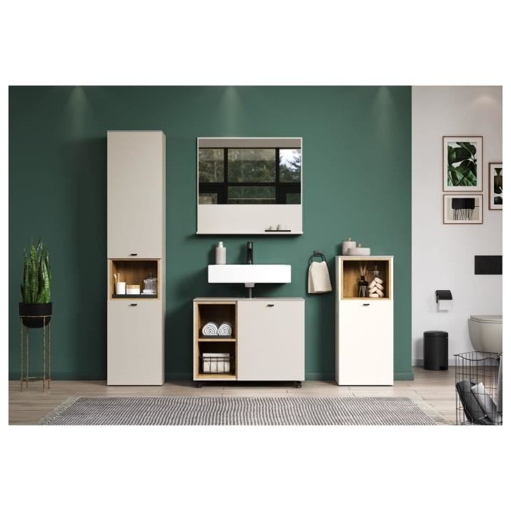 Salle de bain complete - Coloris Cachemire - L180 x H186 x P42 cm - Colonne + Miroir + Meuble sous vasque + rangement bas- SAO P Salle de bain complete - Coloris Cachemire - L180 x H186 x P42 cm - Colonne + Miroir + Meuble sous vasque + rangement bas- SAO P