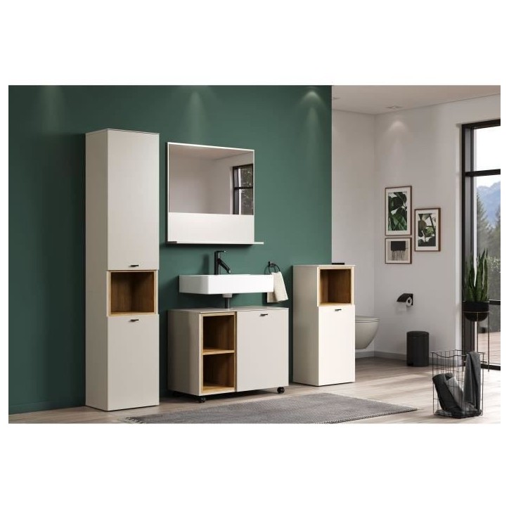 Salle de bain complete - Coloris Cachemire - L180 x H186 x P42 cm - Colonne + Miroir + Meuble sous vasque + rangement bas- SAO P Salle de bain complete - Coloris Cachemire - L180 x H186 x P42 cm - Colonne + Miroir + Meuble sous vasque + rangement bas- SAO P