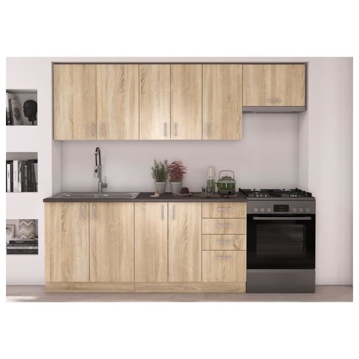 SARA Cuisine complete modulable - 7 éléments - Décor chene sonoma - L 240 cm - Plan de travail non inclus SARA Cuisine complete modulable - 7 éléments - Décor chene sonoma - L 240 cm - Plan de travail non inclus