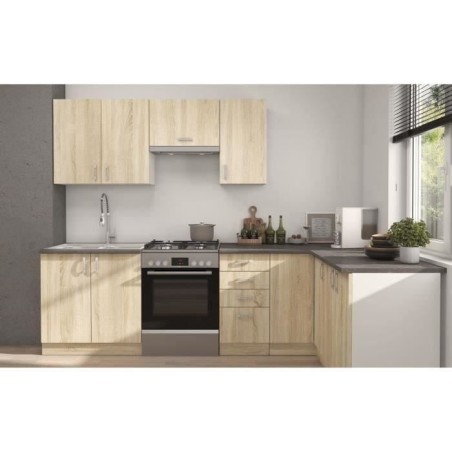 SARA Cuisine complete modulable - Angle réversible - 7 éléments - Décor chene sonoma - L270 x L148 cm - Plan de travail non