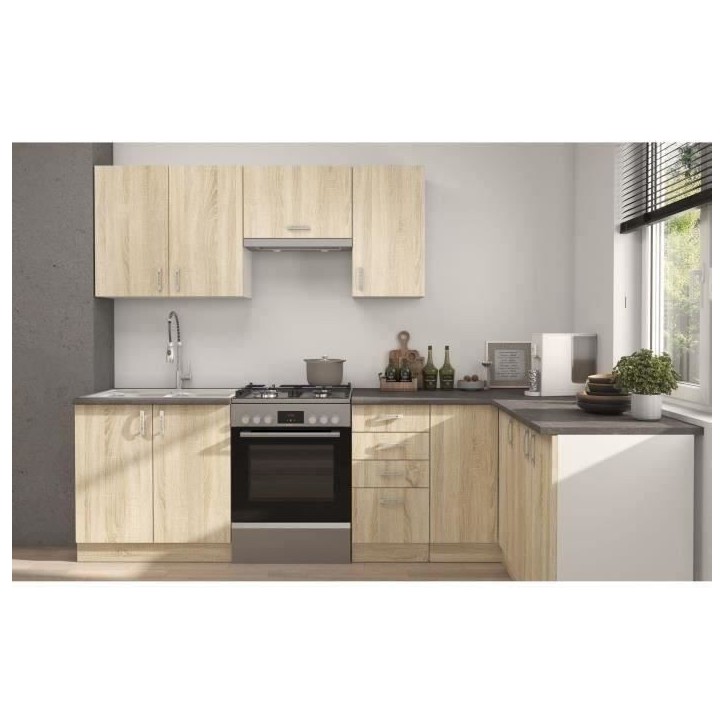SARA Cuisine complete modulable - Angle réversible - 7 éléments - Décor chene sonoma - L270 x L148 cm - Plan de travail non SARA Cuisine complete modulable - Angle réversible - 7 éléments - Décor chene sonoma - L270 x L148 cm - Plan de travail non