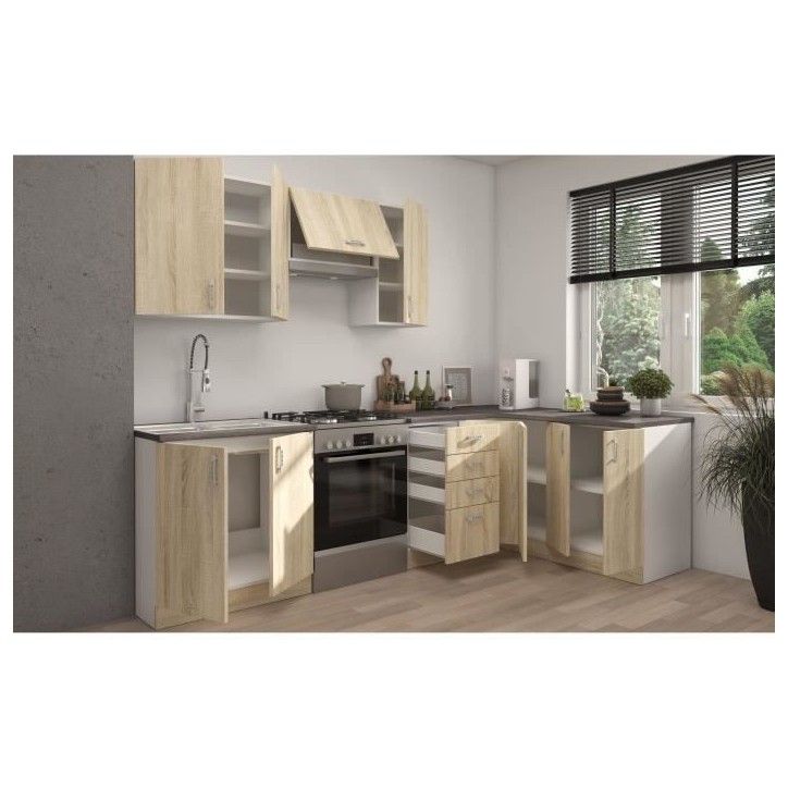 SARA Cuisine complete modulable - Angle réversible - 7 éléments - Décor chene sonoma - L270 x L148 cm - Plan de travail non SARA Cuisine complete modulable - Angle réversible - 7 éléments - Décor chene sonoma - L270 x L148 cm - Plan de travail non