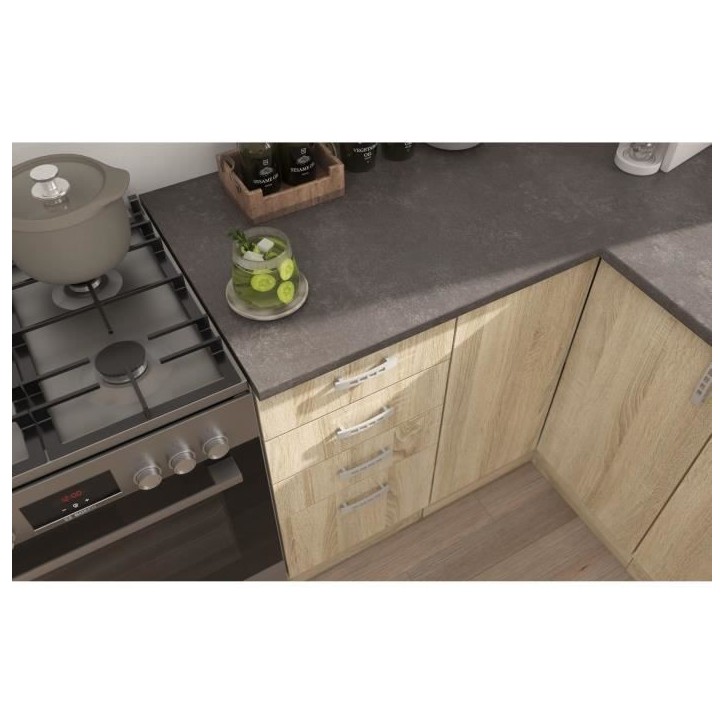 SARA Cuisine complete modulable - Angle réversible - 7 éléments - Décor chene sonoma - L270 x L148 cm - Plan de travail non SARA Cuisine complete modulable - Angle réversible - 7 éléments - Décor chene sonoma - L270 x L148 cm - Plan de travail non