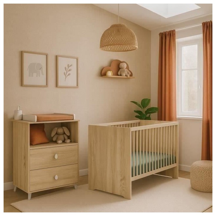 Chambre bébé duo MONTANA - Lit 120x60 + Commode a langer 2 tiroirs décor chene doré - SAUTHON Chambre bébé duo MONTANA - Lit 120x60 + Commode a langer 2 tiroirs décor chene doré - SAUTHON
