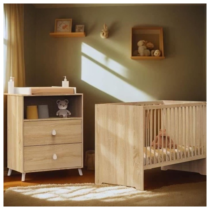Chambre bébé duo MONTANA - Lit 120x60 + Commode a langer 2 tiroirs décor chene doré - SAUTHON Chambre bébé duo MONTANA - Lit 120x60 + Commode a langer 2 tiroirs décor chene doré - SAUTHON
