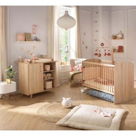 Chambre duo bébé - SAUTHON - Sam Chene doré - Lit bébé 120 x 60 cm et commode a langer