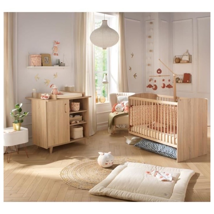 Chambre duo bébé - SAUTHON - Sam Chene doré - Lit bébé 120 x 60 cm et commode a langer