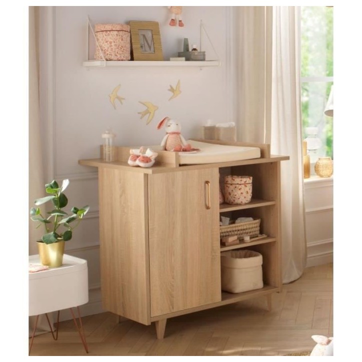 Chambre duo bébé - SAUTHON - Sam Chene doré - Lit bébé 120 x 60 cm et commode a langer