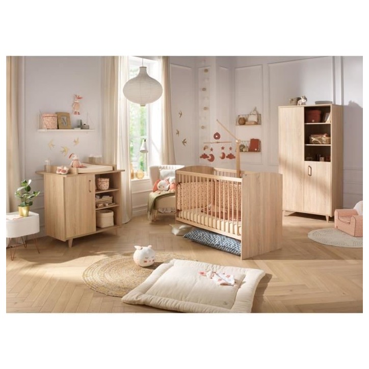Chambre complete trio bébé - SAUTHON - Sam Chene doré - Lit bébé 120 x 60 cm, commode a langer et armoire