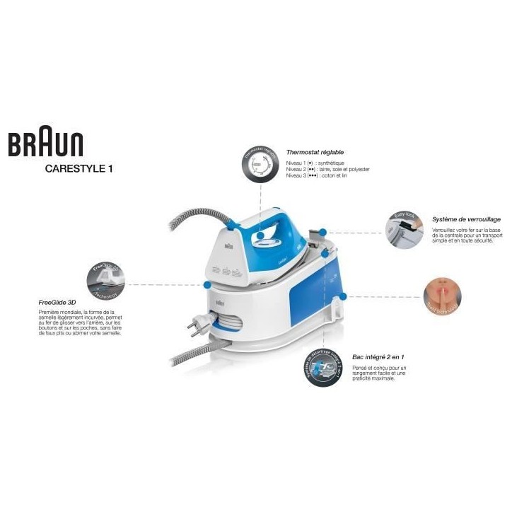 Centrale Vapeur - BRAUN - IS1012BL - Carestyle 1 - 5,5 bars - Pression Vapeur 340 g/min - Contenance 1,5 L Centrale Vapeur - BRAUN - IS1012BL - Carestyle 1 - 5,5 bars - Pression Vapeur 340 g/min - Contenance 1,5 L