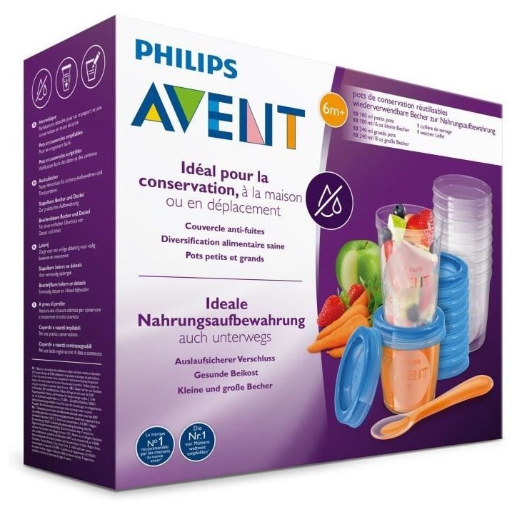 Set de pots de conservation - PHILIPS AVENT - Purées - 10x180ml + 10x240ml + 20 couvercles + Cuillere de sevrage + Recettes