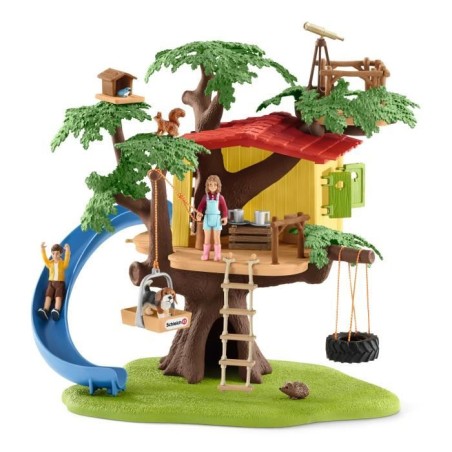 Cabane aventure dans les arbres, coffret de 60 pieces détaillées avec balançoire, 2 figurines d'enfant et figurines d'animaux