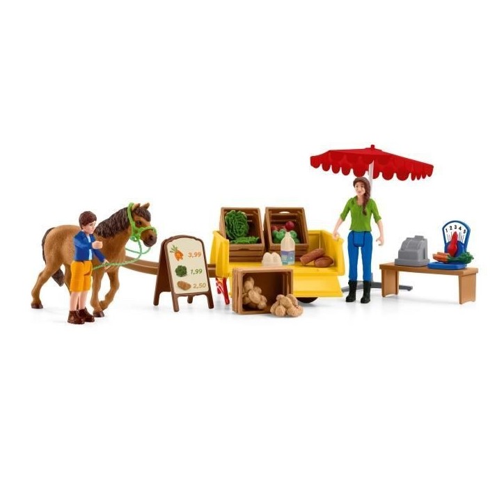 Étal mobile de la ferme, jeu de ferme avec figurines de fermiers, cheval et étal de marchandises, jouets animaux de la ferme p Étal mobile de la ferme, jeu de ferme avec figurines de fermiers, cheval et étal de marchandises, jouets animaux de la ferme p