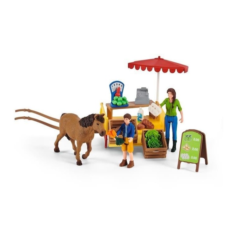 Étal mobile de la ferme, jeu de ferme avec figurines de fermiers, cheval et étal de marchandises, jouets animaux de la ferme p Étal mobile de la ferme, jeu de ferme avec figurines de fermiers, cheval et étal de marchandises, jouets animaux de la ferme p