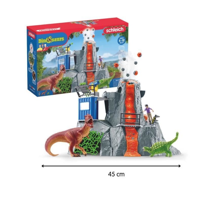 Expédition au grand Volcan, 1 figurine de chercheuse et 2 jouets dino