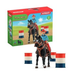 Figurine Cowgirl et Tonneaux de Racing, avec figurine et cheval, Schle