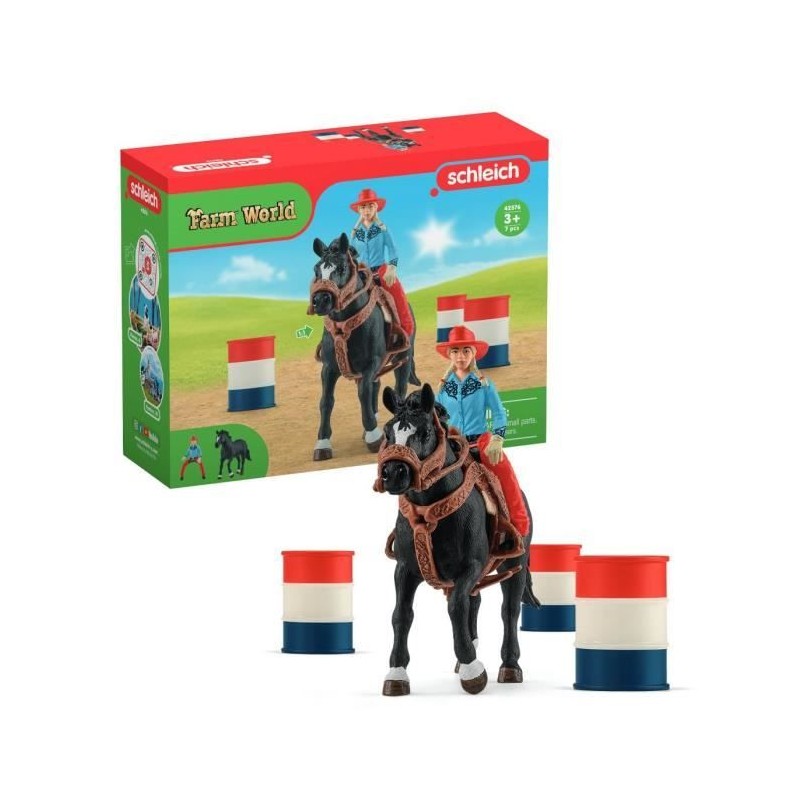 Figurine Cowgirl et Tonneaux de Racing, avec figurine et cheval, Schle Figurine Cowgirl et Tonneaux de Racing, avec figurine et cheval, Schle