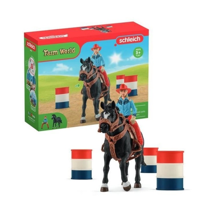 Figurine Cowgirl et Tonneaux de Racing, avec figurine et cheval, Schleich 42576 Farm World Figurine Cowgirl et Tonneaux de Racing, avec figurine et cheval, Schleich 42576 Farm World
