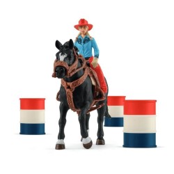 Figurine Cowgirl et Tonneaux de Racing, avec figurine et cheval, Schle