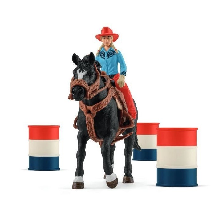 Figurine Cowgirl et Tonneaux de Racing, avec figurine et cheval, Schleich 42576 Farm World Figurine Cowgirl et Tonneaux de Racing, avec figurine et cheval, Schleich 42576 Farm World