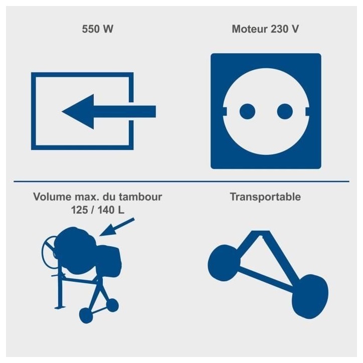 Bétonniere électrique 125L - SCHEPPACH - MIX125 - Tambour renforcé - Roues pour déplacement Bétonniere électrique 125L - SCHEPPACH - MIX125 - Tambour renforcé - Roues pour déplacement