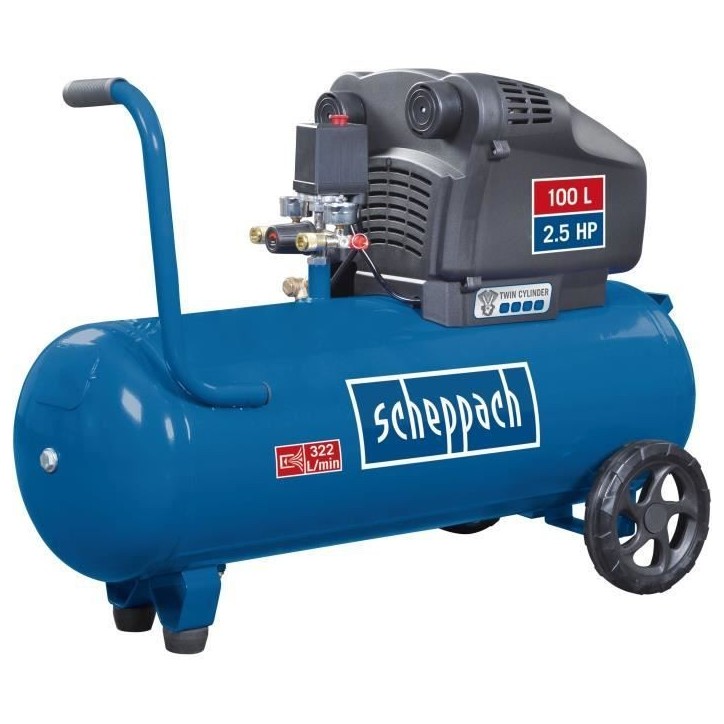 Compresseur d'air horizontal a double cylindres Scheppach HC105DC - 100L - 2200 W - 10 bars - 2,5 CV Compresseur d'air horizontal a double cylindres Scheppach HC105DC - 100L - 2200 W - 10 bars - 2,5 CV