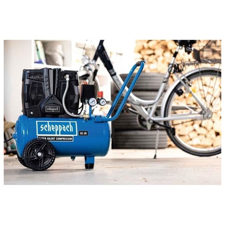 Compresseur d'air silencieux horizontal a deux cylindres Scheppach HC25Si - 24 L - 1100W - 8 barss - 1,5 CV