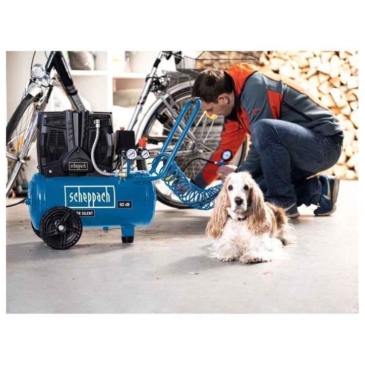 Compresseur d'air silencieux horizontal a deux cylindres Scheppach HC25Si - 24 L - 1100W - 8 barss - 1,5 CV