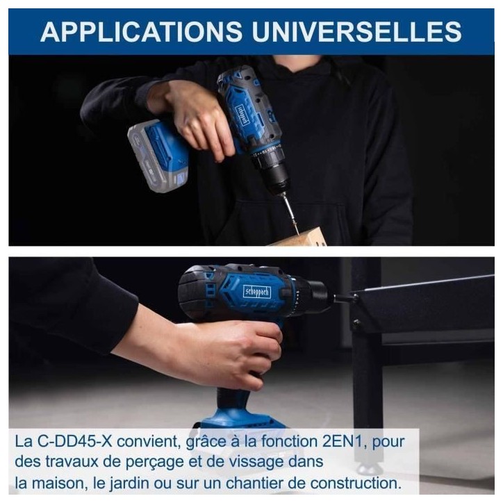 Perceuse visseuse sans fil C-DD45-X - 45 Nm mandrin 13mm - SCHEPPACH 20V IXES - sans batterie ni chargeur Perceuse visseuse sans fil C-DD45-X - 45 Nm mandrin 13mm - SCHEPPACH 20V IXES - sans batterie ni chargeur