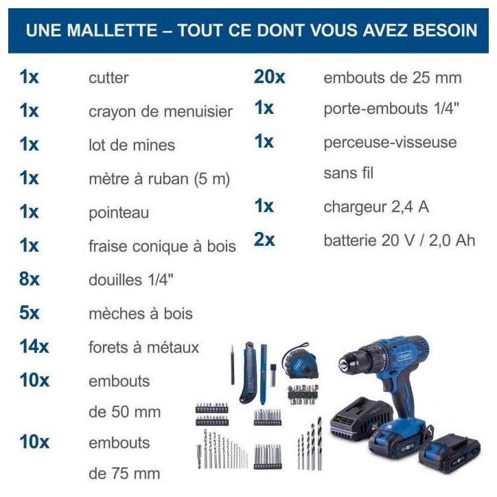Coffret perceuse visseuse sans fil C-DTB74/2-X - 50Nm mandrin 13mm + 74 access - SCHEPPACH 20V IXES + 2 batteries 2Ah + chargeur