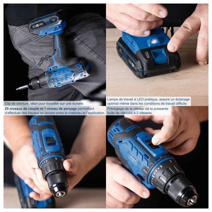 Coffret perceuse visseuse sans fil C-DTB74/1-X - 50Nm mandrin 13mm + 74 accessoires - SCHEPPACH 20V IXES + batterie 2Ah + charge Coffret perceuse visseuse sans fil C-DTB74/1-X - 50Nm mandrin 13mm + 74 accessoires - SCHEPPACH 20V IXES + batterie 2Ah + charge