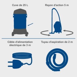 Aspirateur eau et poussiere VC25 - 1200W - Cuve inox 25L - SCHEPPACH