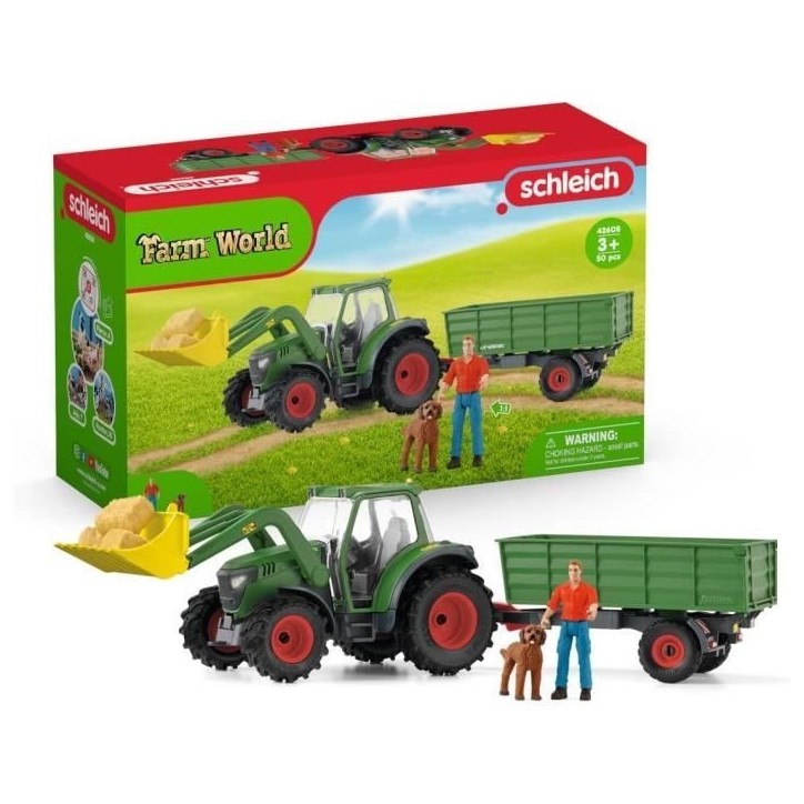 Tracteur et remorque, Coffre schleich avec 1 tracteur, 1 rremorque, 1 figurine humaine articulée, 1 figurine chien, pour enfant Tracteur et remorque, Coffre schleich avec 1 tracteur, 1 rremorque, 1 figurine humaine articulée, 1 figurine chien, pour enfant