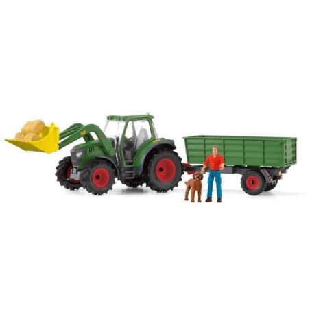 Tracteur et remorque, Coffre schleich avec 1 tracteur, 1 rremorque, 1 figurine humaine articulée, 1 figurine chien, pour enfant